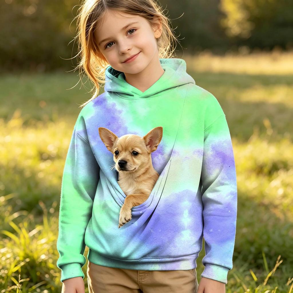 Sudadera con capucha y mangas largas de colores para niña con bolsillo para mascota para uso casual diario