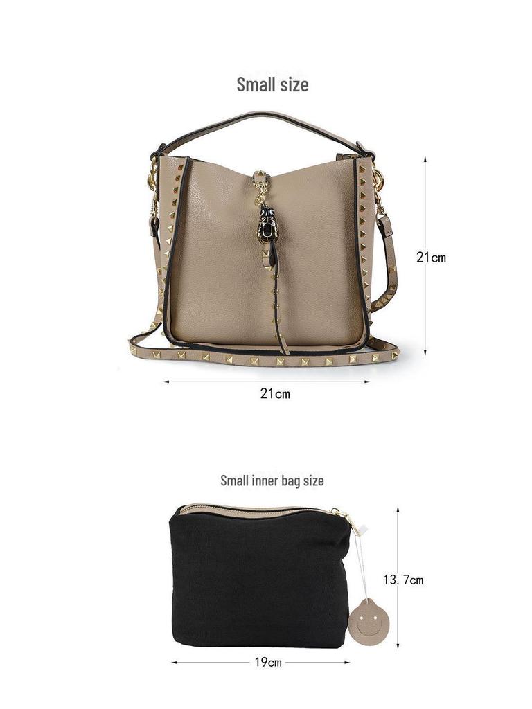 Echt Lederen Nieten Emmer Tas met Tijgerkop - Trendy Europese & Amerikaanse Crossbody Schouder Handtas