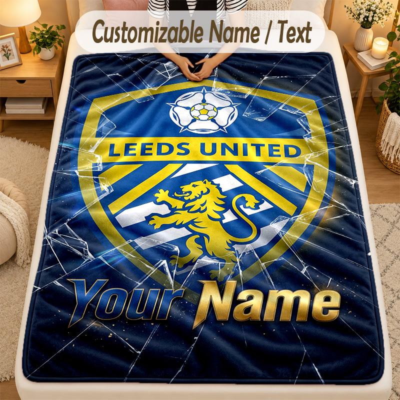 Flannel BlanketLeeds United Custom Name Text Personalized Soft Warm Throw Blanket Home Decor Gift