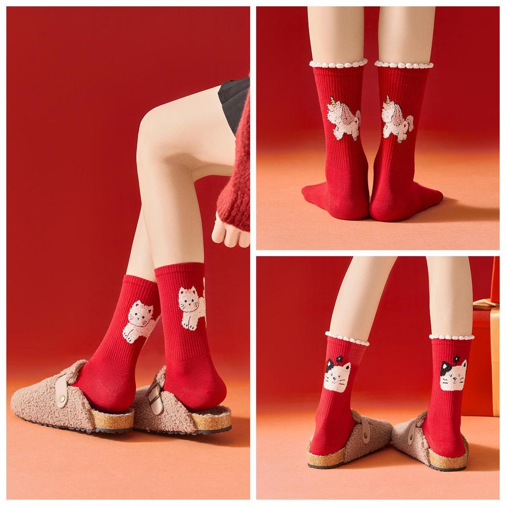 2026 Year of the Horse Red Mid-Calf Women's Socks, 3D Flocked Lucky Cotton Autumn/Winter.