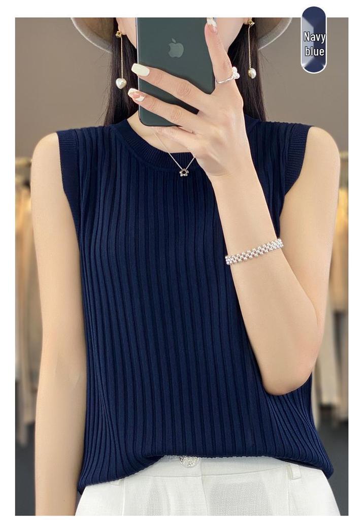 Women's Solid Color Ice Silk Knit Camisole - Sleeveless, Round Neck, Perfect Summer Pullover Layer