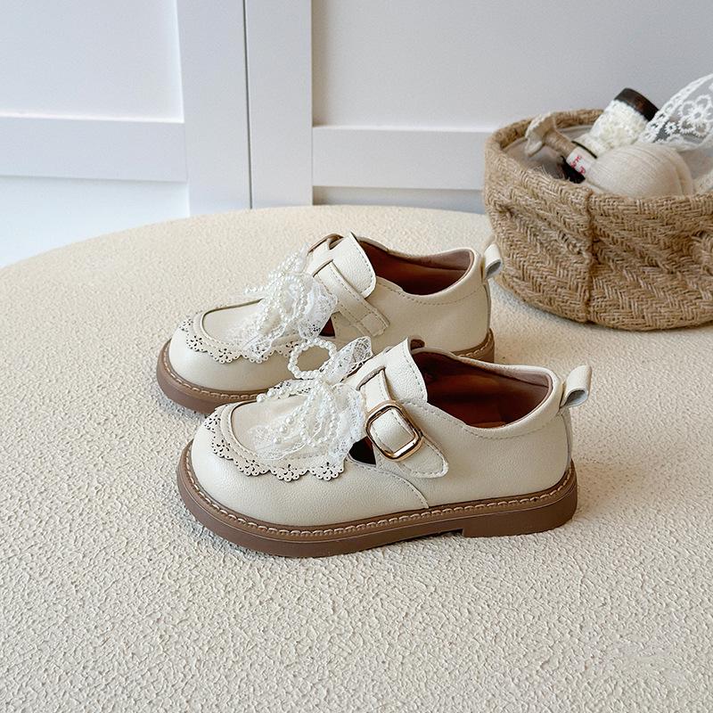 Girls' 2025 Autumn Leather Princess Shoes - Black Bow Mesh