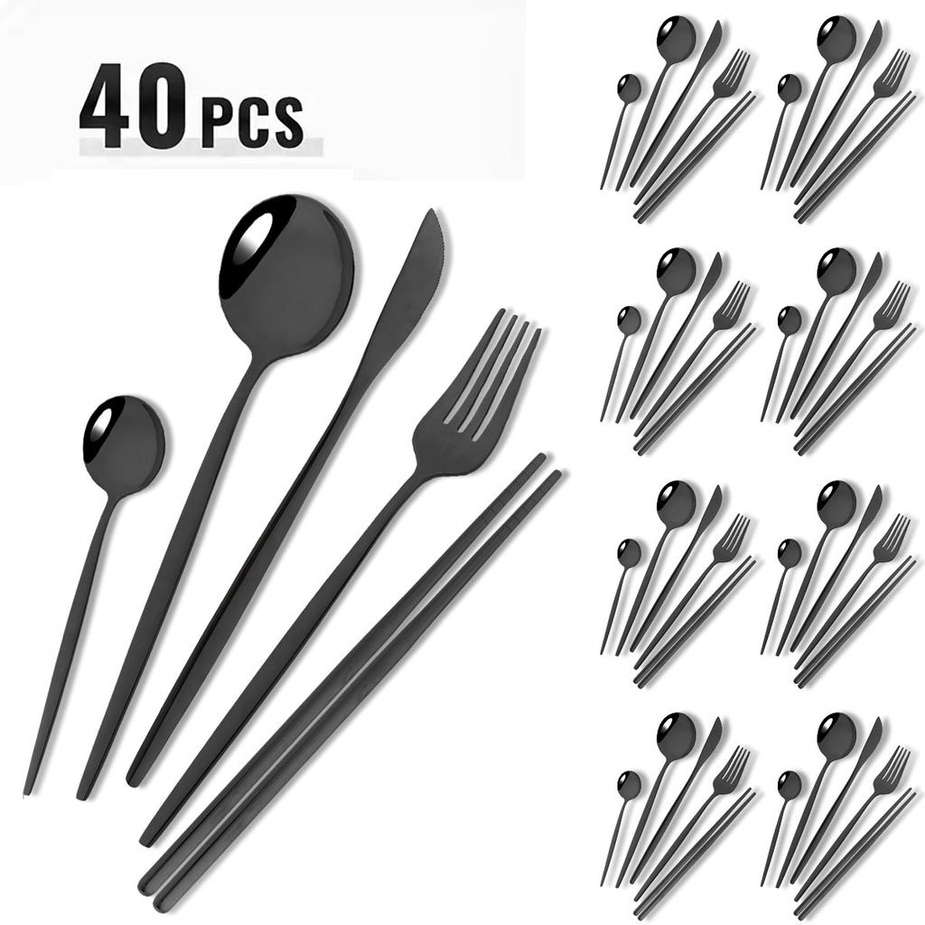 40pcs Black Gold Dinnerware Set Mirror Western Stainless Steel Cutlery Set Fork Knife Spoon Chopsticks Tableware Party Flatware