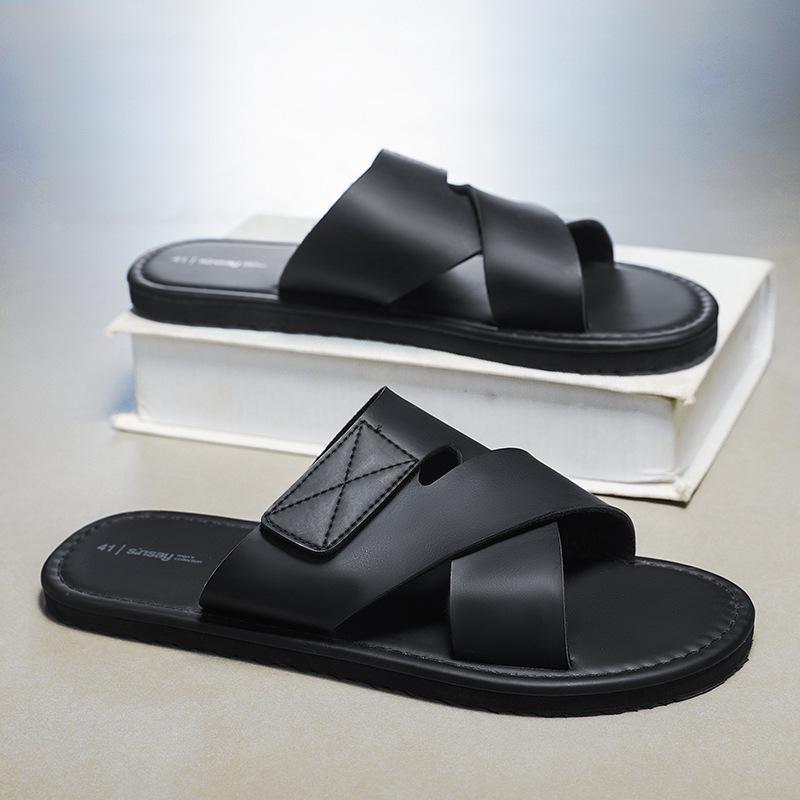 Men's Black One-Strap Flat Sandals - 2026 Summer High-End Fashion Beachwear