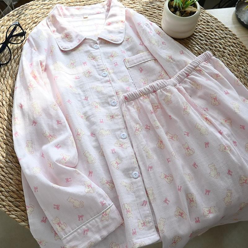 100% Cotton Gauze Pajamas Set Women Thin Breathable Long Sleeve Pants Loungewear