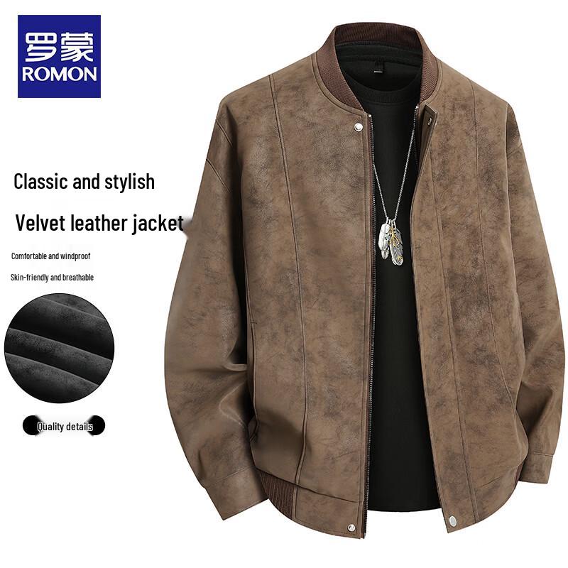 ROMON Men's Baseball Collar Faux Leather Jacket