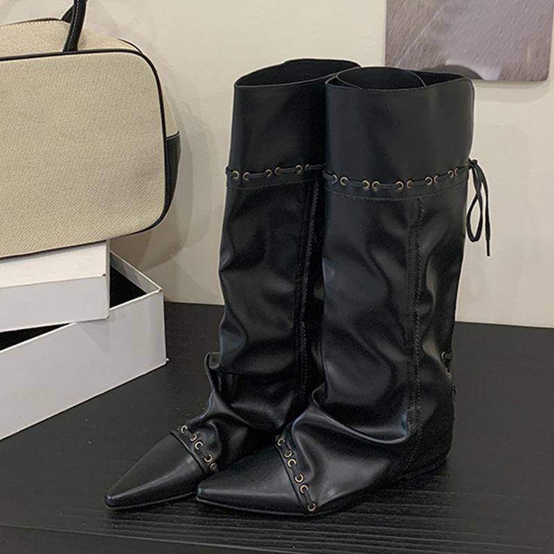 Fashion Liyke Fashion Design Drawstring Lace Up Knee High Boots Women Vintage Pointed Toe Inside Height Increasing Long Shoe Botas Mujer