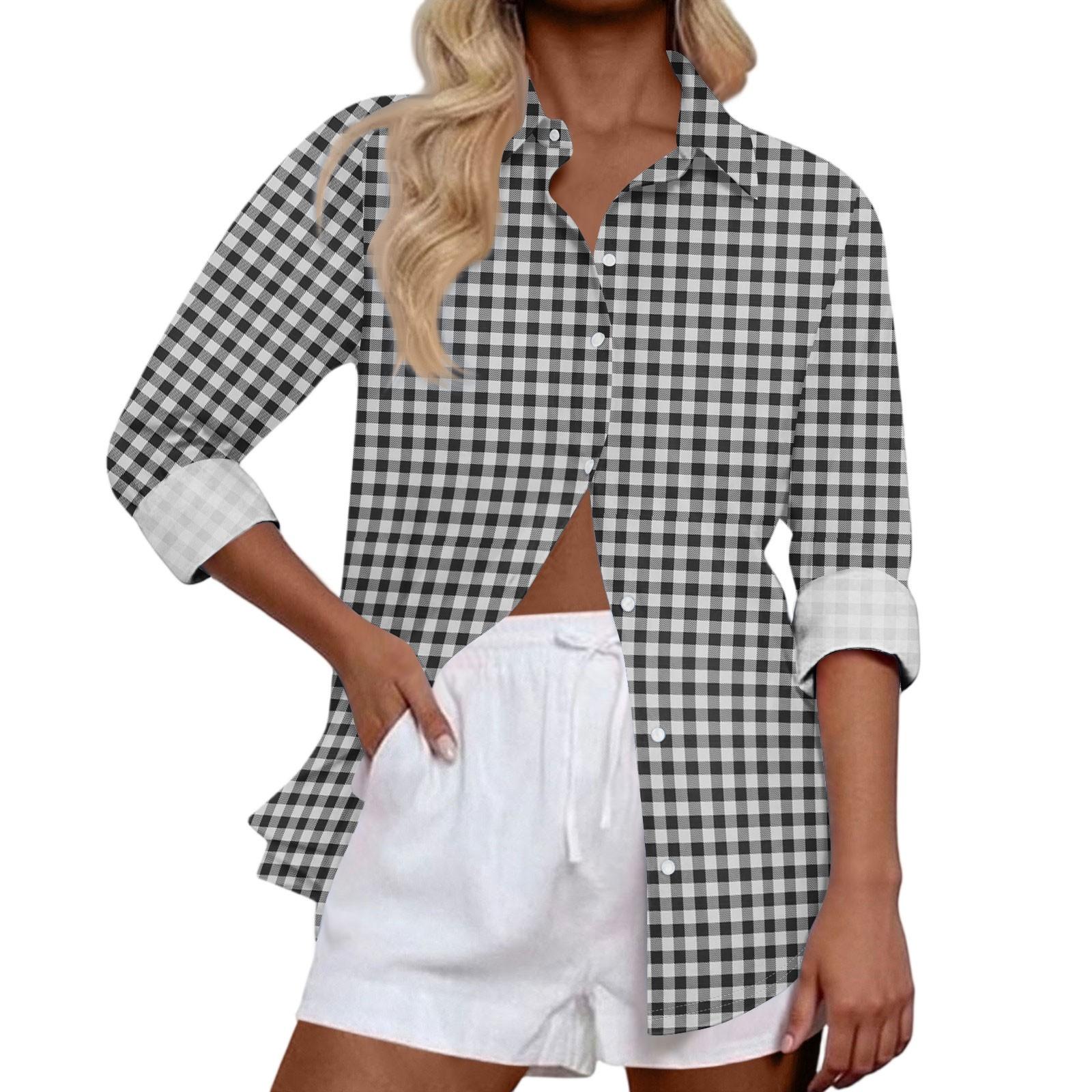 Women s Casual Fashion Tops Long Sleeve Button Loose Shirt M чёрный