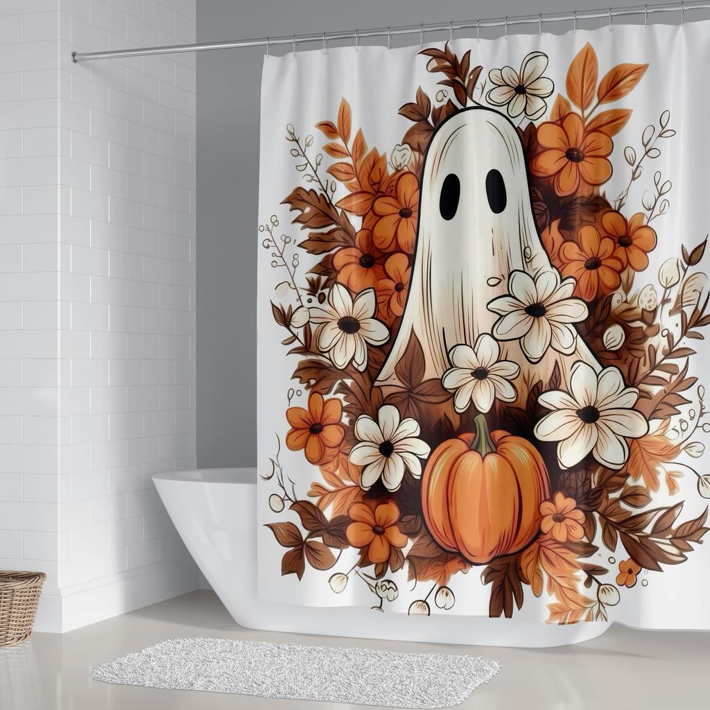 4Pcs Halloween Shower Curtain Set Fall Autumn Floral Design with Ghost And Pumpkin Elements Anti-Slip Bathroom Decor Accessories