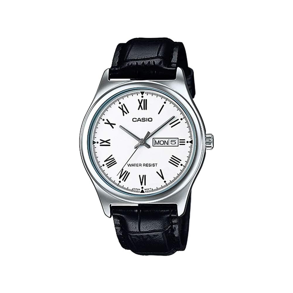Casio MTP-V006L-7B Men s Leather Band White Roman Dial Day-Date Analog Watch White Casual