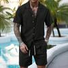 Conjunto Casual de Verão Masculino Duas Peças Camisa de Botão Manga Curta Shorts com Cordão Tecido Leve Respirável Caimento Relaxado
