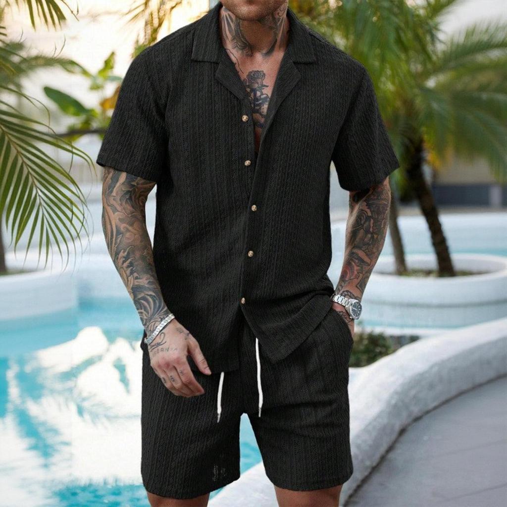 Conjunto Casual de Verão Masculino Duas Peças Camisa de Botão Manga Curta Shorts com Cordão Tecido Leve Respirável Caimento Relaxado
