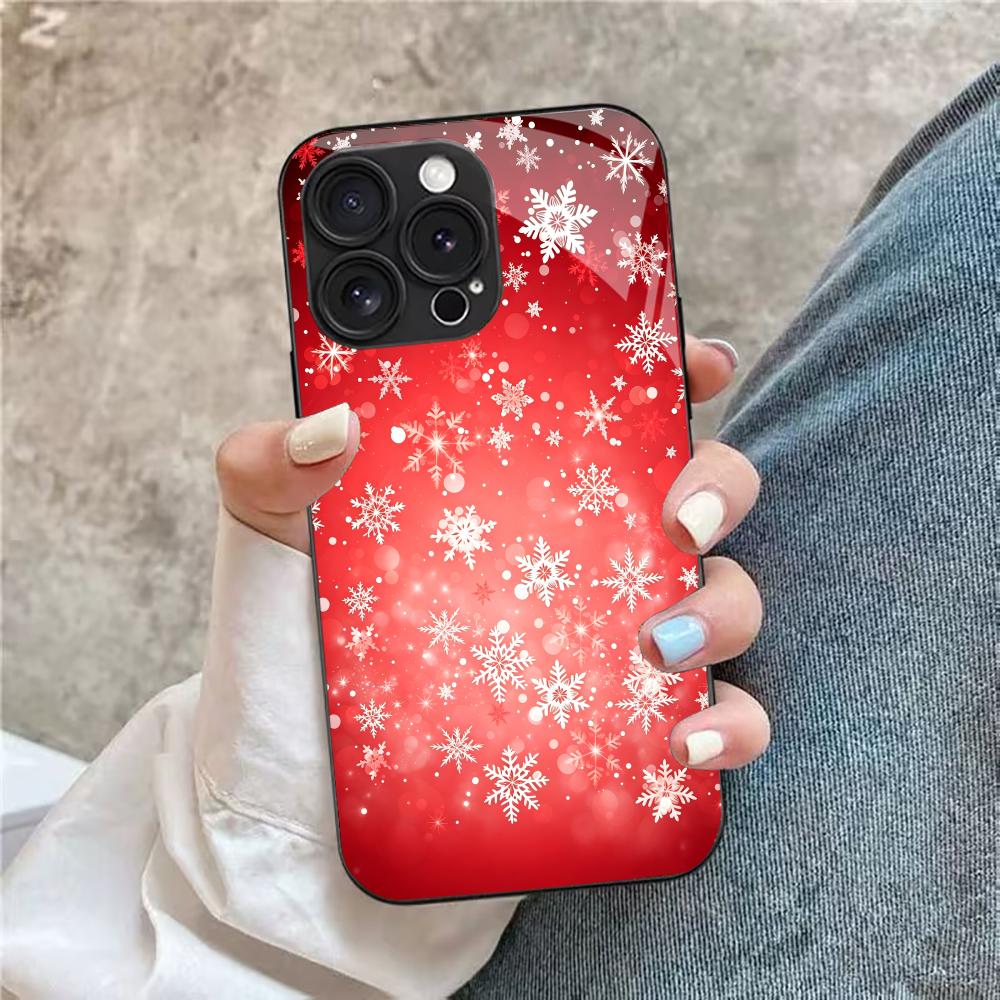 Red Christmas Snowflakes Glass Phone Case For iPhone 17 16 15 14 Pro Max Plus Full Camera Lens Protection Shockproof Hard Cover