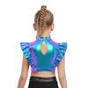 Kids Dance Shirt Metallic Mock Neck Mesh Patchwork Rhinestone Ruffle Crop Top with Press Buttons