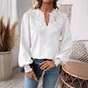 Women Short V-Neck Half Open Collar Lace Stitching Long-Sleeved Shirt Solid Color Loose Fit Pullover