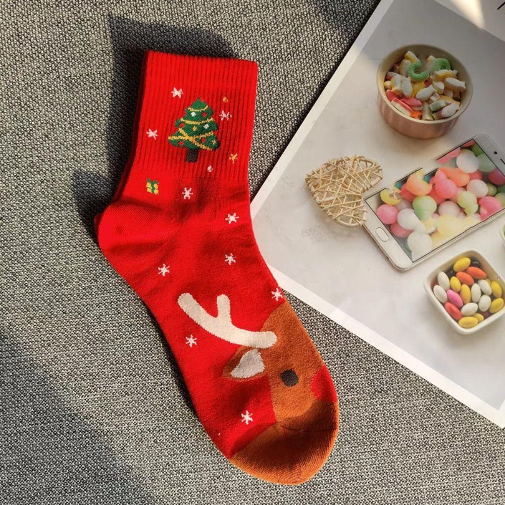 5Pairs Cartoon Christmas Socks Snowman Cotton Socks Women Comfortable Mid-calf Socks  Girl