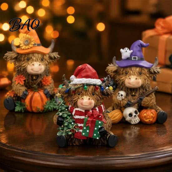 Housewarming Gift Ideas 3Pcs Highland Cow Figurine, Resin Yak Statues for Thanksgiving Christmas, Figurine Farmhouse Tabletop Ornaments Shelf