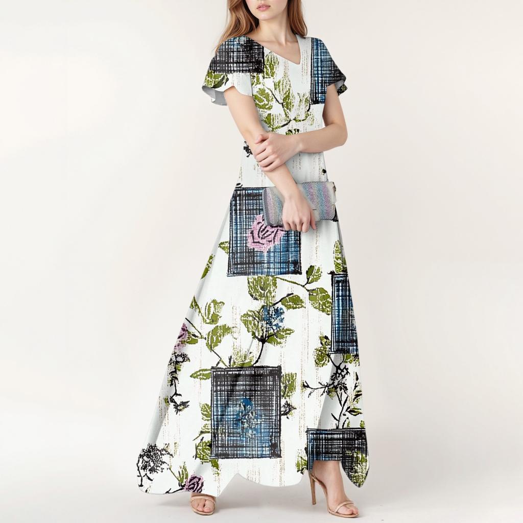 Women's Spring And Summer Casual Fashion Floral Print Dress V Neck Short Sleeve Dress