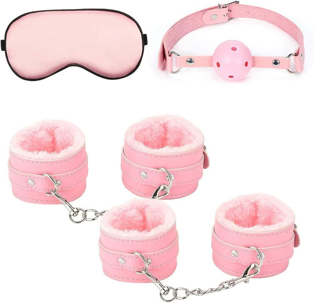 Sexyhot SM Goods Restraints Handcuffs Leg Shackles Eye Mask Restraints Bed Restraints Adjustable SM Beginner SM Play 4 Piece Set Pink