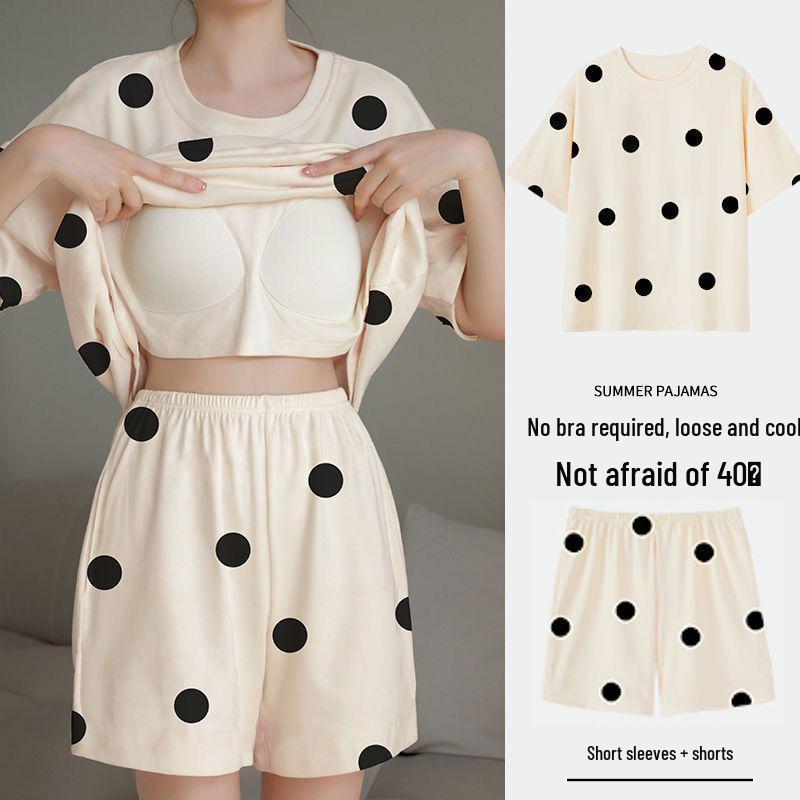 Korean Style Women's Cartoon Pajamas Set with Built-in Bra - Short-Sleeved, Loose, Plus Size, Summer Homewear