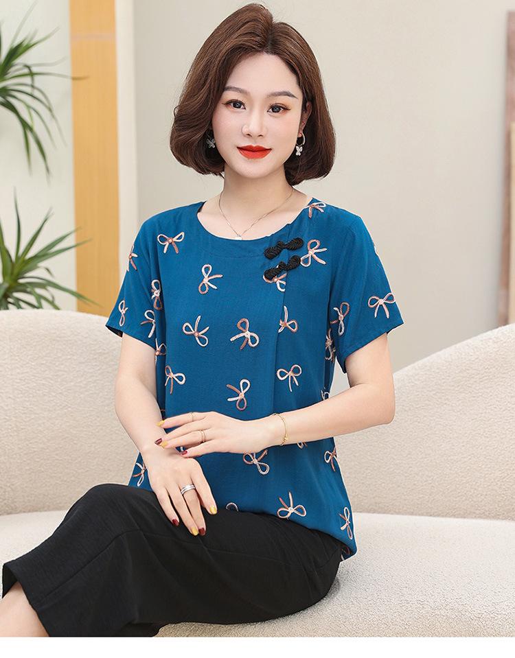 

Plus Size Cotton Linen Embroidered T-Shirt Suit for Women 60-70, Short Sleeve Top, Perfect for Spring/Summer 2XL (105-120 jin)