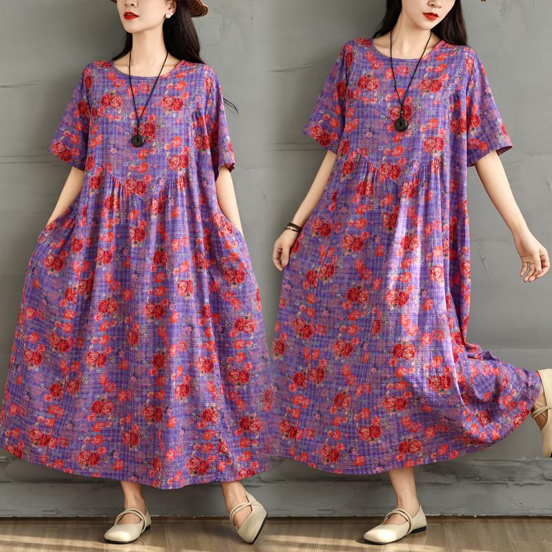 DIMANAF 2025 Plus Size Summer Dress Women Casual Vintage Long Dress Floral Printing Loose Shirt Dress Maxi
