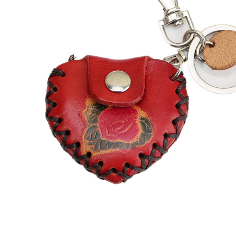 First Layer Cowhide Creative Handmade Red Heart Keychain Bag Accessories Mini Coin Bag Heart Fashion Pendant