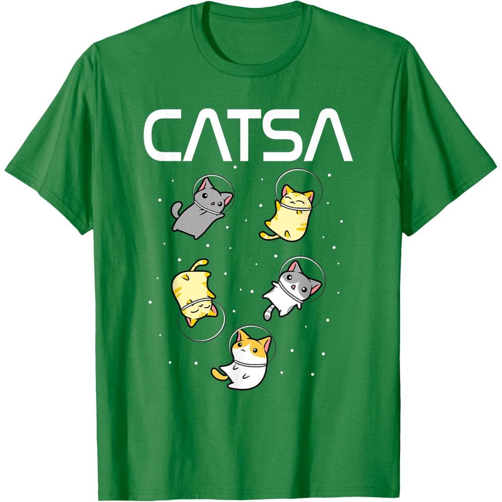 Catsa Astronaut Cats Graphic Tee Funny Space Lover Print Round Neck T-Shirt