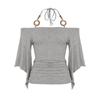 European and American Women's Clothing Guzao Sexy Wooden Bead Halterneck off-Shoulder Batwing Sleeve Tops Retro Waist-Controlled Slim Looking T-shirt