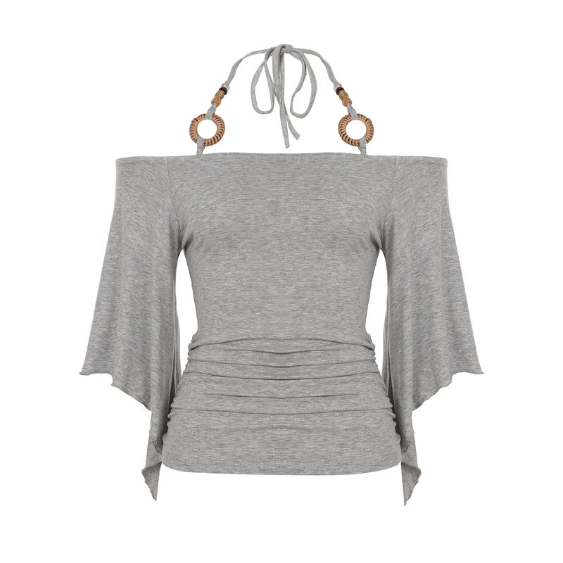 European and American Women's Clothing Guzao Sexy Wooden Bead Halterneck off-Shoulder Batwing Sleeve Tops Retro Waist-Controlled Slim Looking T-shirt
