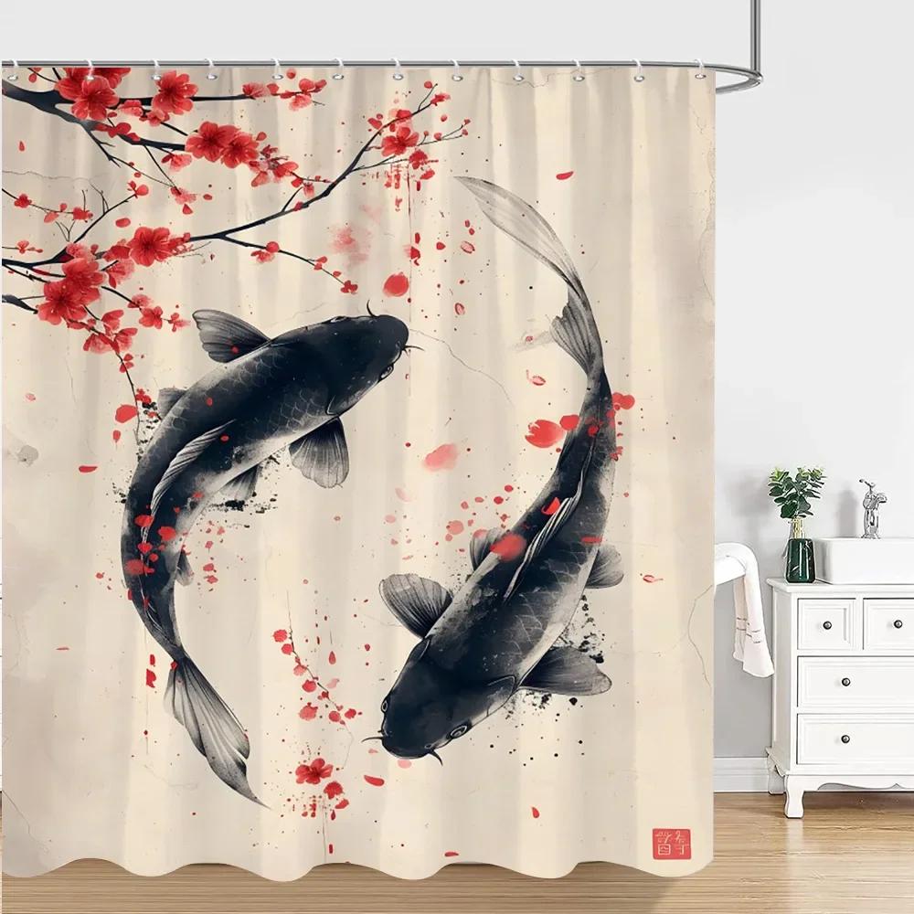 Chinese Japanese Ink Painting Shower Curtain Red Plum Blossom Art Painting Retro Style Polyester Shower Curtains Bathroom Decor