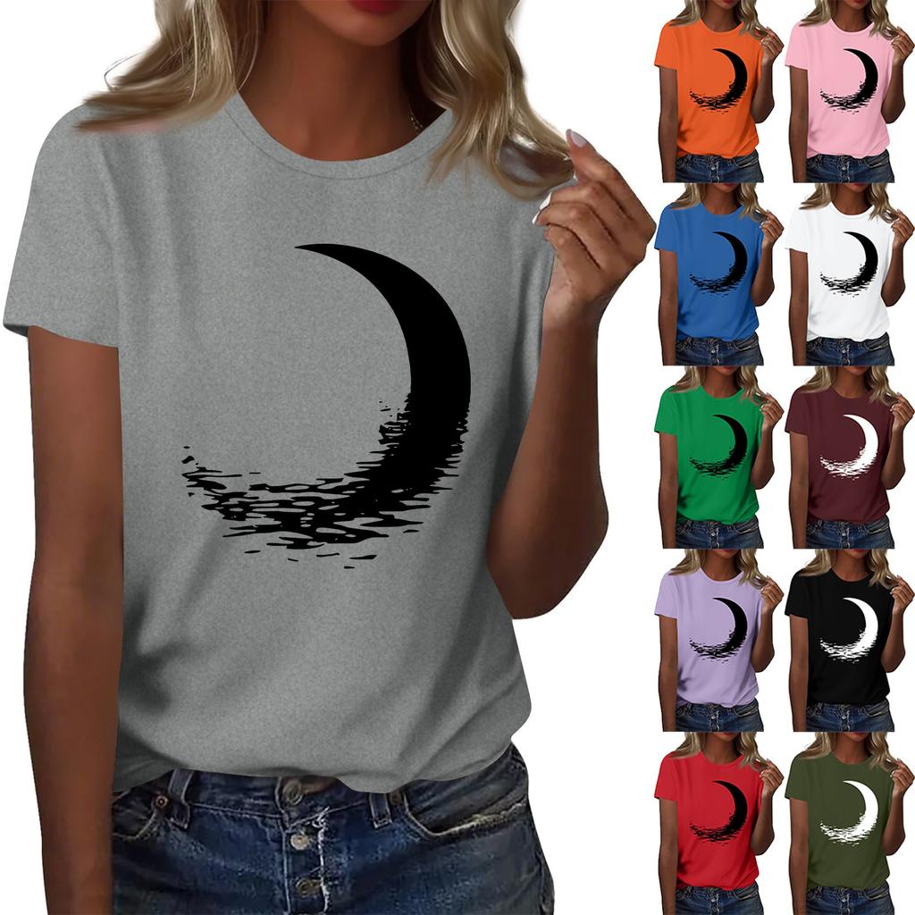 Ladies' Loose Comfortable Casual Fashionable  Moon Pattern Printed Round Neck Short Sleeved Shirt