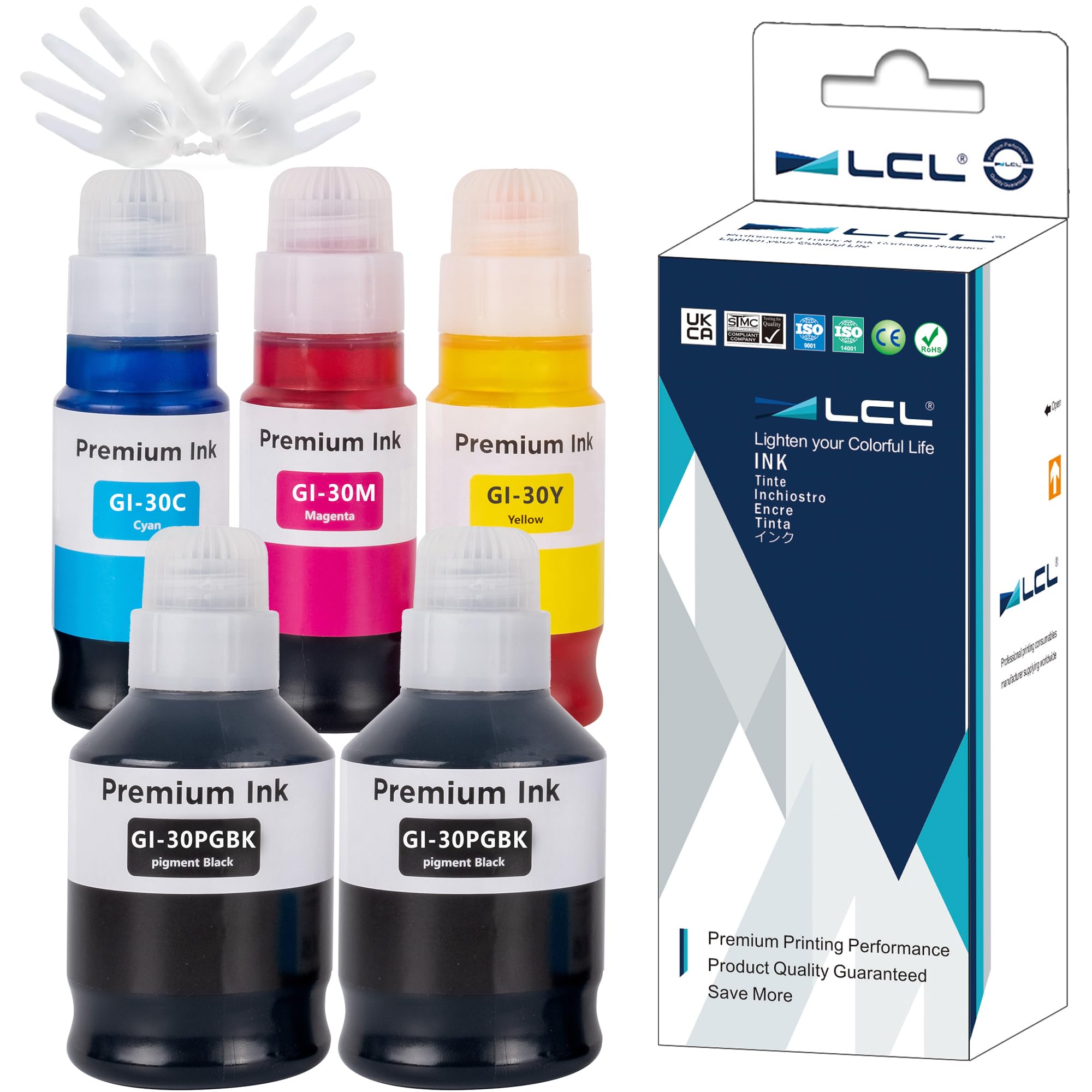 

LCL Compatible Ink Bottles for Canon and 2BK Compatible with and G7030 Printers GI-30, GI-30PGBK, GI-30BK, GI-30C, GI-30M, GI-30Y (5-Pack Pigment, чорний