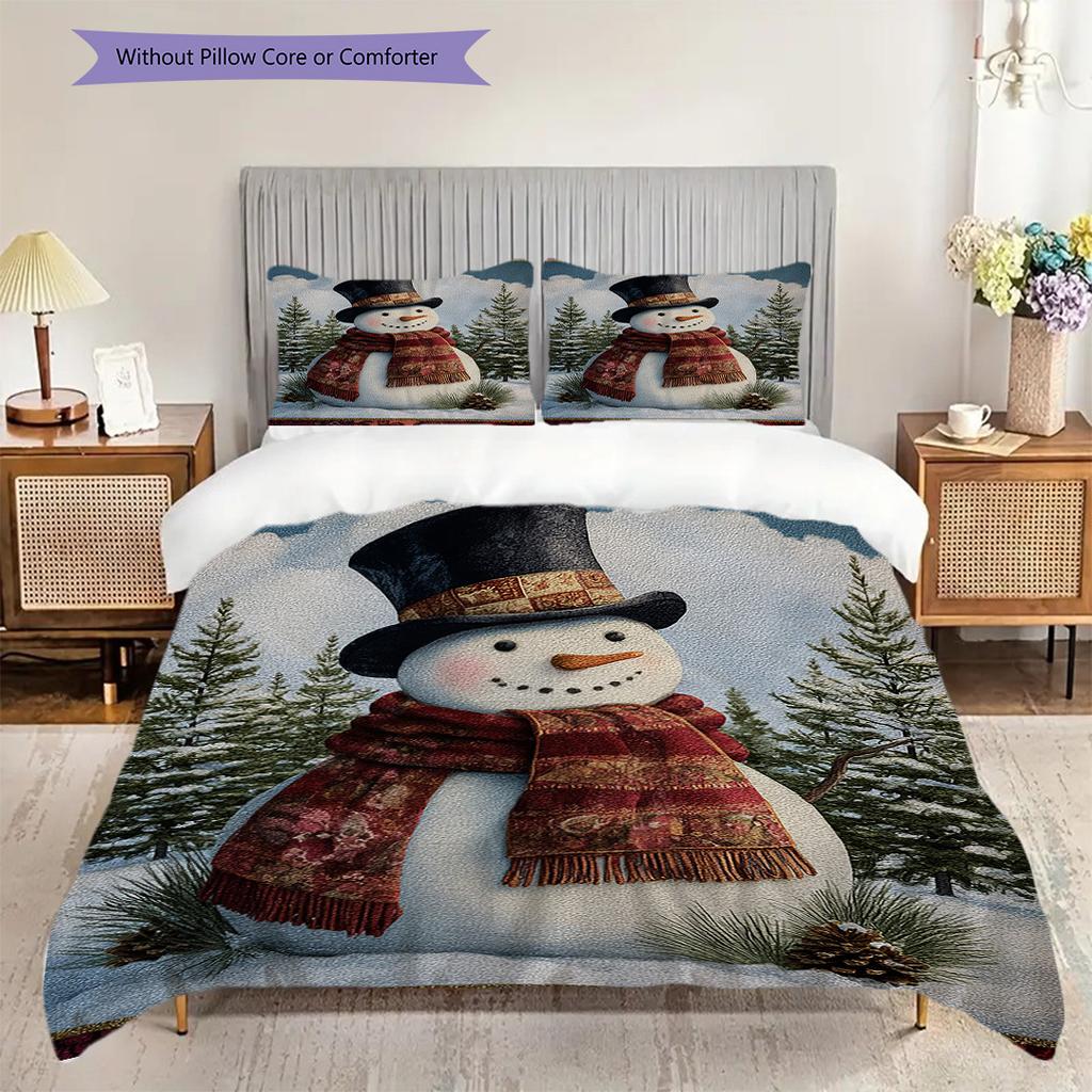 Snowman Pattern Bedding Quilt Set Quilt Cover Pillowcase Home Decoration Birthday Gift (1 * Duvet Cover + 2 * Pillowcase, Without Core)