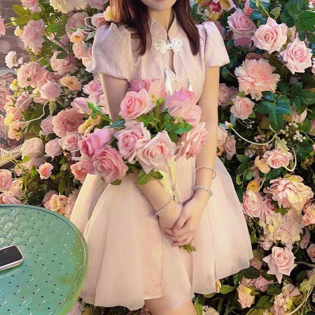 Summer Style National Wind Qipao Dress - Short-Sleeved, Waist-Cinched, Fluffy Skirt for Women