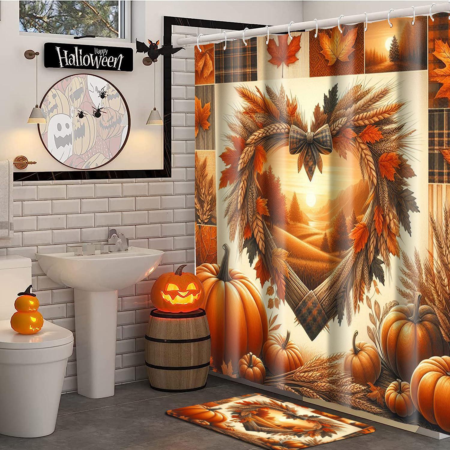

Harvest Thanksgiving maples pumpkin pattern Bathroom Shower Curtain With 12 Hooks bathroom decor and accessories 180x180cm curtain