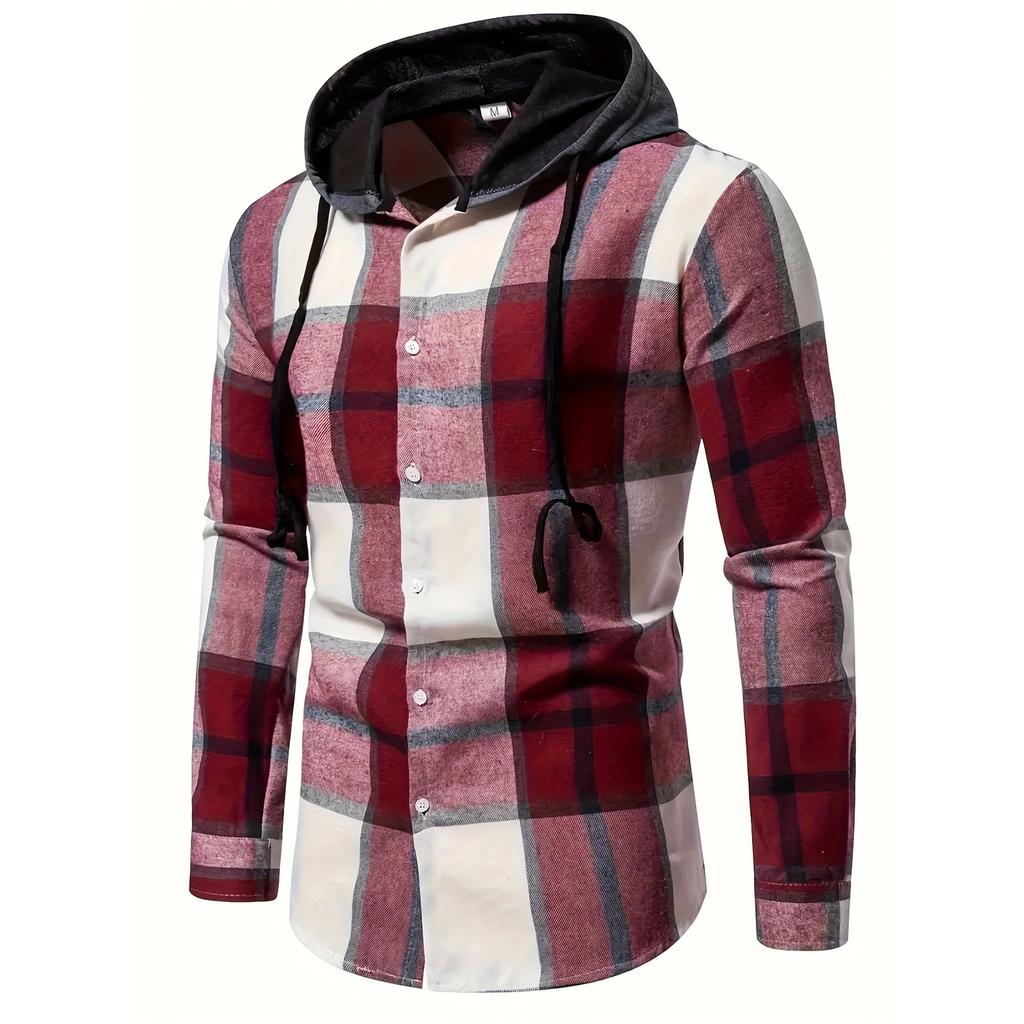 Men's Striped Plaid Casual Loose Button Lapel Long Sleeve Hooded Cardigan Shirt Jacket