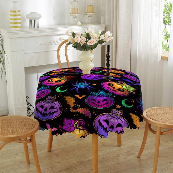 Halloweenský ubrus Pavoučí síť Dýňová čarodějnice Potisk Květina Hrana Kulatý tvar Snadná údržba Ochrana stolu Bankety Party Dekorace Ubrus