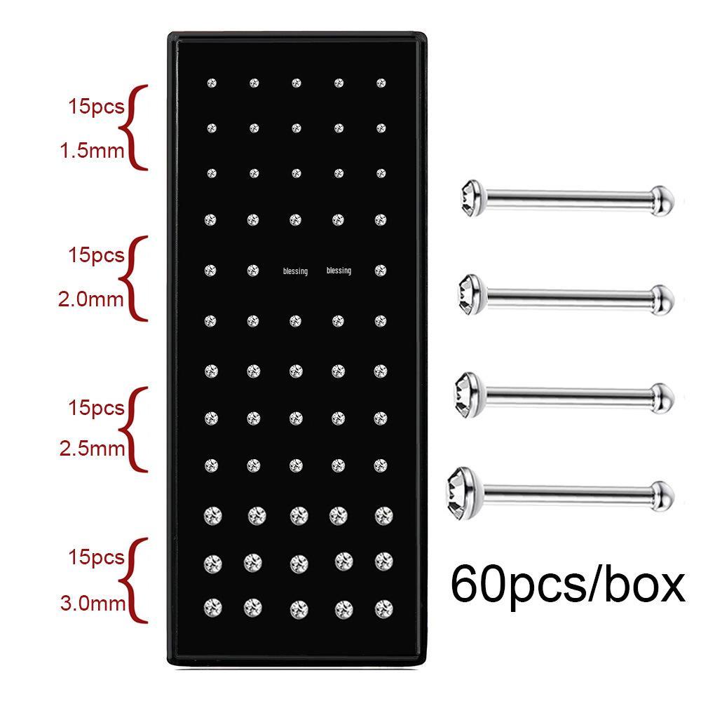 Stainless Steel Boxed Nose Studs and Rings: 60/40 Pieces, 1.5-3.0mm, Straight & L-Shaped Bar