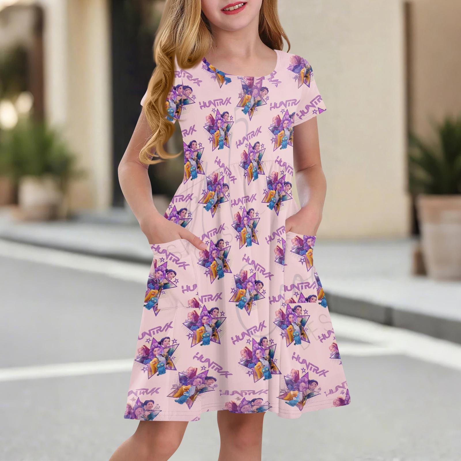 Children s Skirt Round Neck Short Sleeve Princess Dress Fashion Casual Pocket Dress For Girls 160 розовый