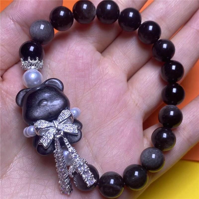 Натуральный серебряный браслет с мишкой Яоши, Модный атмосферный браслет, Бант, полный бриллиантов, Серебряный мишка Яоши.