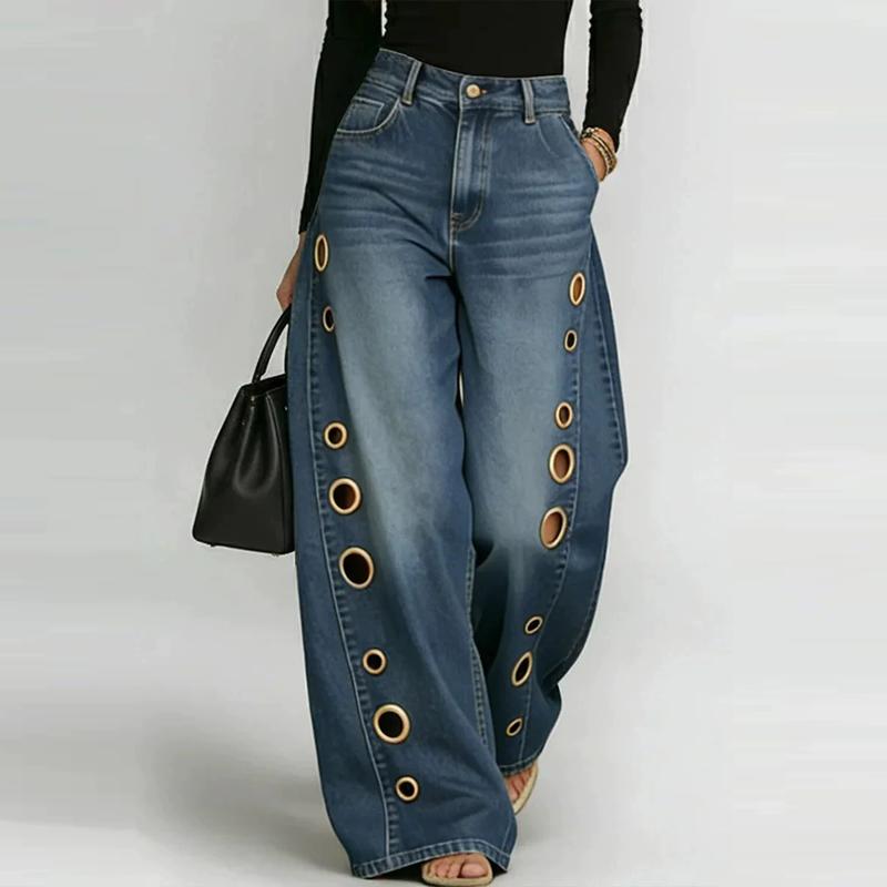 Women's Washed Blue High-Waist Metal Grommet Wide Leg Jeans Casual Loose Fit Streetwear Denim Pants