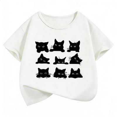 Cute Black Cat Graphic Kids Tshirts Summer Short Sleeve Tees Cartoon Animal Boys Girls Clothes Kawaii Tops Y2K Children Tshirt