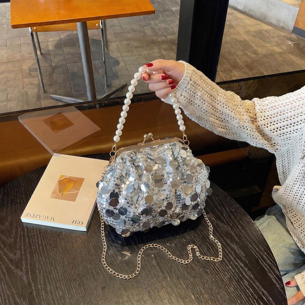 Bag, Women's Sequin Dinner, Shell Clip Bag, Light Luxury Socialite Pearl Handbag, Versatile Chain Shoulder Crossbody Bag