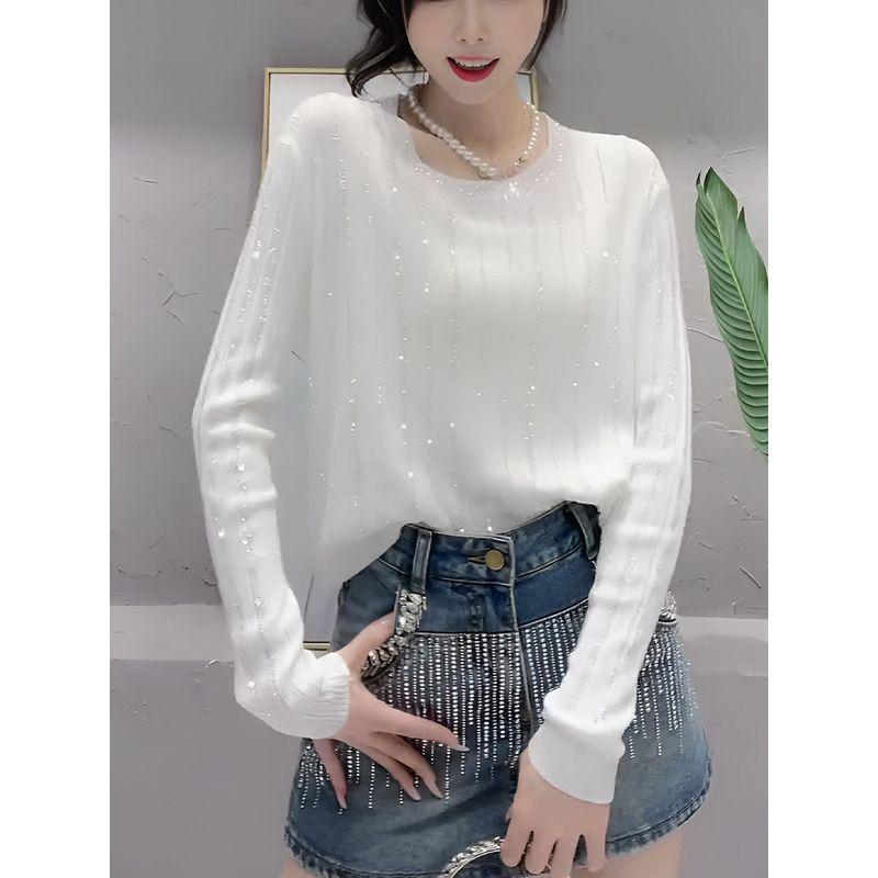 

Early Spring New Design Sense Niche Style White Heavy Embroidery Hot Drilling Bottoming Shirt Women s Western Style Fashion Long Sleeve Knitting Tops White Top S