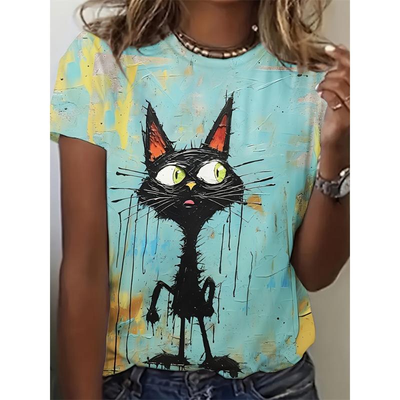 Summer casual women's T-shirt in cartoon style - Cute cat print loose T-shirt top