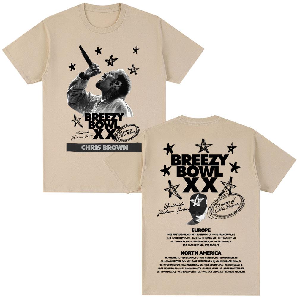 Rapper Chris Brown Album Tshirt Breezy Bowl XX Tour 2025 Hip Hop Vintage T Shirt Men Women Oversized Cotton Tshirts Streetwear