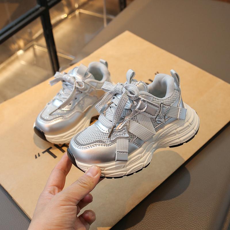 

Children Sneakers Shiny Sequins Bow Kids Sports Shoes Thick Soft Sole 2025 Spring Autumn Students Running Shoes Non-slip Trendy 26 серебряный