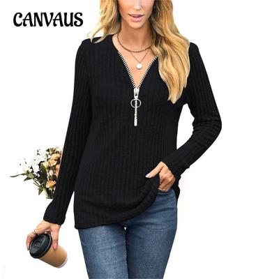 Autumn and Winter Women's Blouse Chest Zipper Casual V-neck Long Sleeve Top