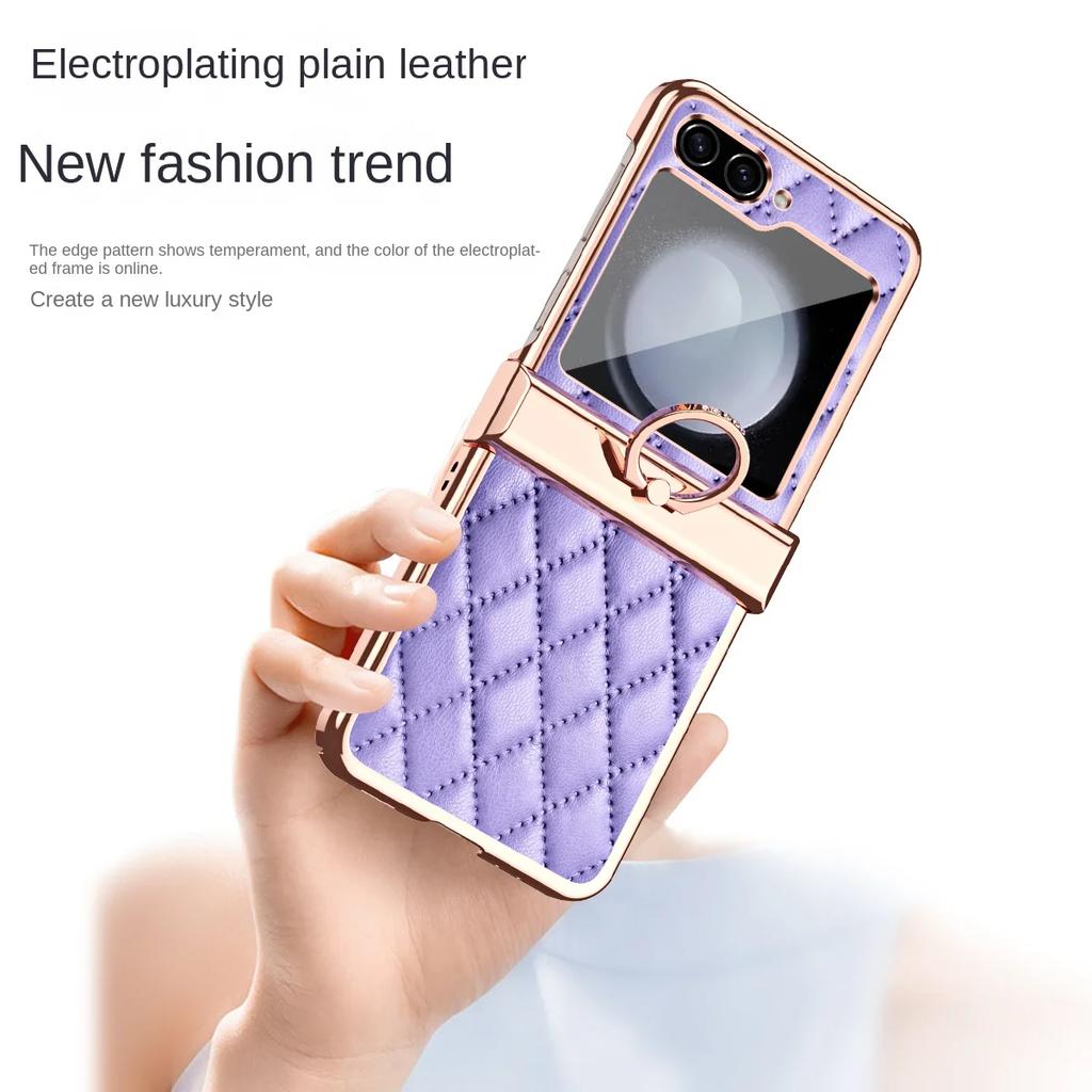Electroplated Ring Leather Phone Case for Samsung Galaxy Z Flip 7 6 5 4 3 Flip6 Flip5 Flip4 Flip3 5G Shockproof  Holder  Cover